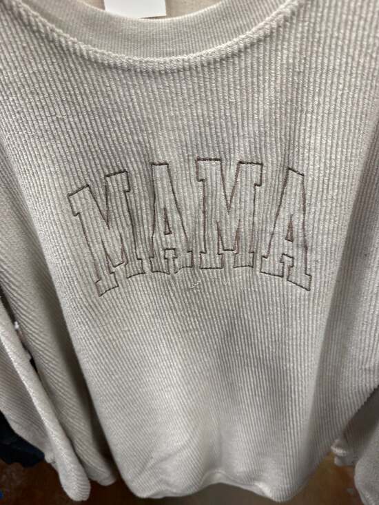 MV Sport Tops - MV Sport XL Khaki Mama Embroidered Corded Ribbed Crewneck Sweatshirt